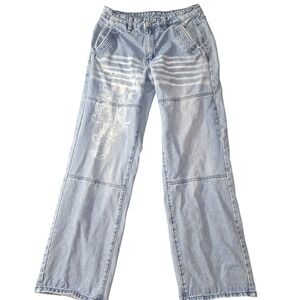 Y2K Wide Leg Jeans W Graphic S Panel Bleach Wash Stripe Denim Baggy Streetwear